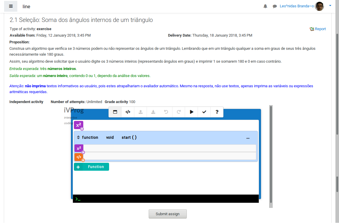 ITarefa interface with iVProgH exercise in Moodle